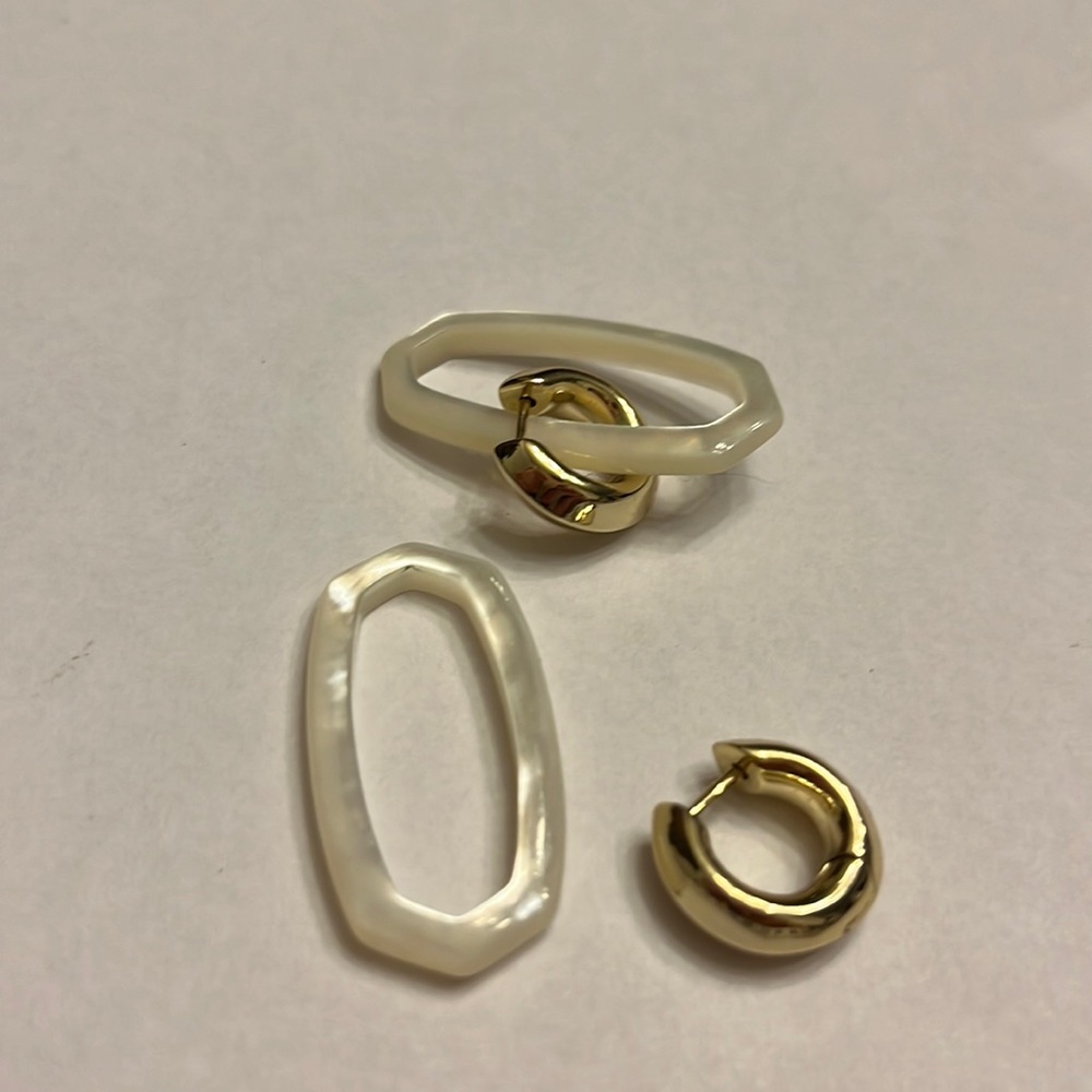 Kendra Scott two part gold earrings with pearl-iridescent loops